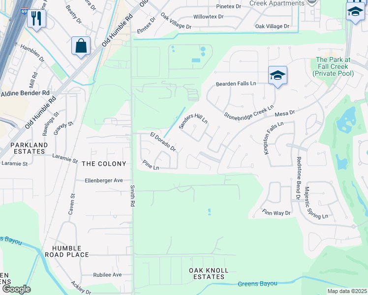 map of restaurants, bars, coffee shops, grocery stores, and more near 14212 Oak Circle in Humble
