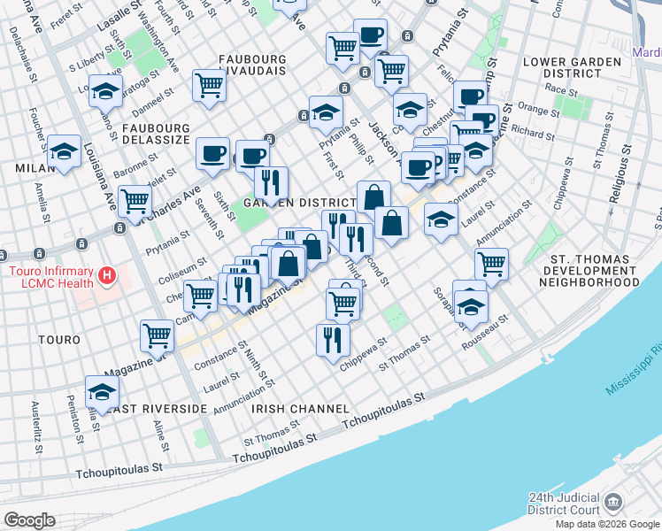 map of restaurants, bars, coffee shops, grocery stores, and more near 1021 Fourth Street in New Orleans