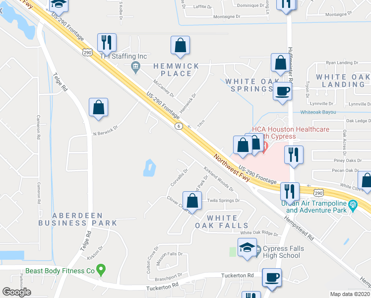 map of restaurants, bars, coffee shops, grocery stores, and more near 21126 Kirkland Woods Drive in Houston