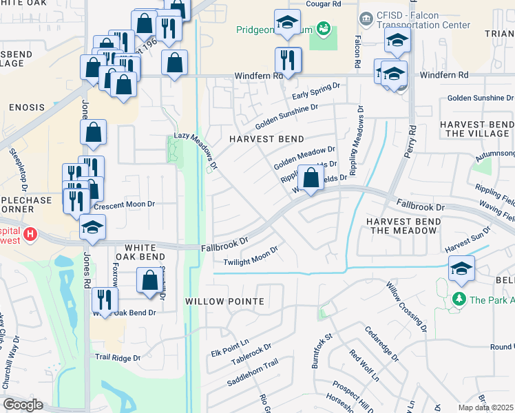 map of restaurants, bars, coffee shops, grocery stores, and more near 10710 Lazy Meadows Drive in Houston