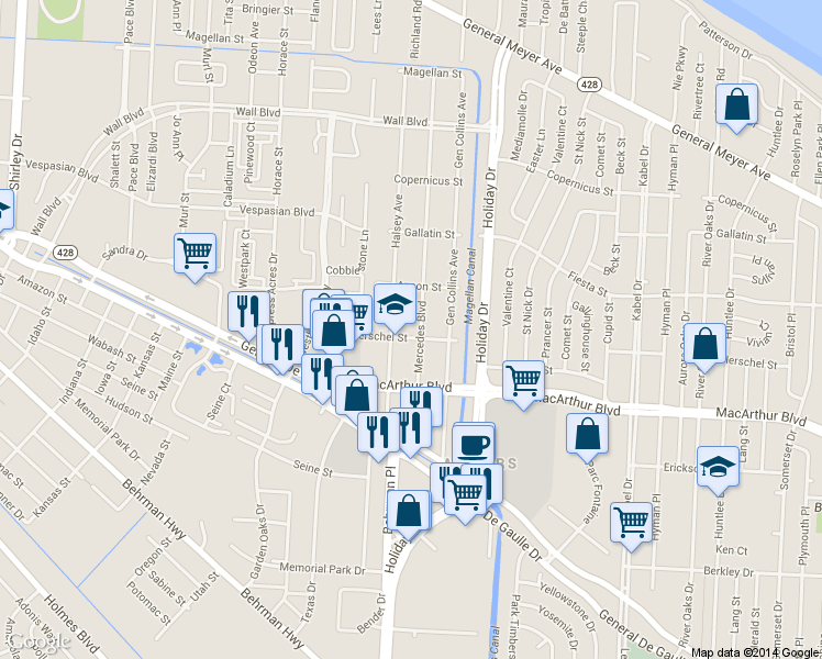 map of restaurants, bars, coffee shops, grocery stores, and more near 2669 Mercedes Boulevard in New Orleans
