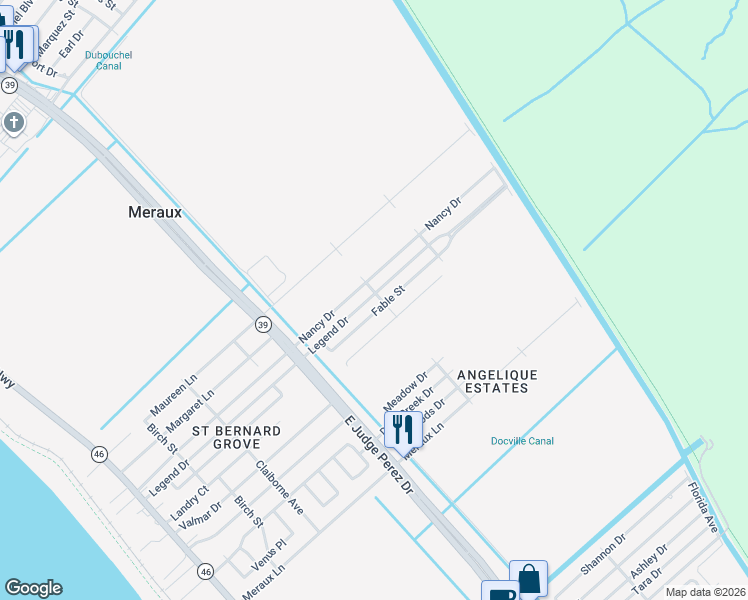 map of restaurants, bars, coffee shops, grocery stores, and more near 2917 Legend Drive in Meraux