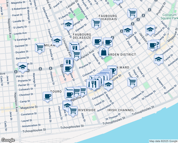 map of restaurants, bars, coffee shops, grocery stores, and more near 3219 Coliseum Street in New Orleans