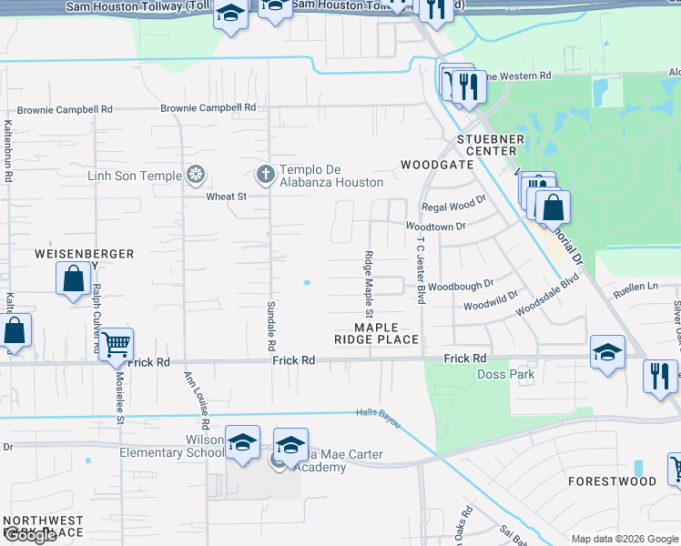 map of restaurants, bars, coffee shops, grocery stores, and more near 2834 Iris Valley Way in Houston