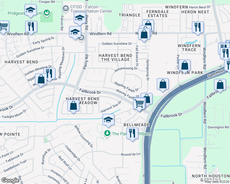 map of restaurants, bars, coffee shops, grocery stores, and more near 9221 Waving Fields Drive in Houston