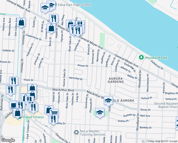 map of restaurants, bars, coffee shops, grocery stores, and more near 2636 Bristol Place in New Orleans