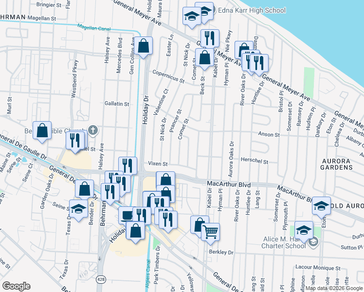 map of restaurants, bars, coffee shops, grocery stores, and more near 2632 Comet Street in New Orleans
