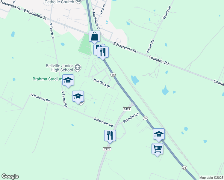 map of restaurants, bars, coffee shops, grocery stores, and more near 1500 Bell Oaks Drive in Bellville