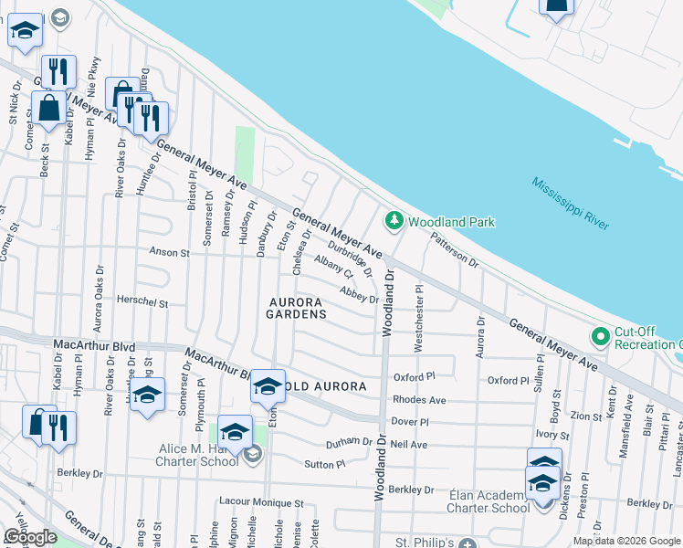 map of restaurants, bars, coffee shops, grocery stores, and more near 5830 Albany Court in New Orleans
