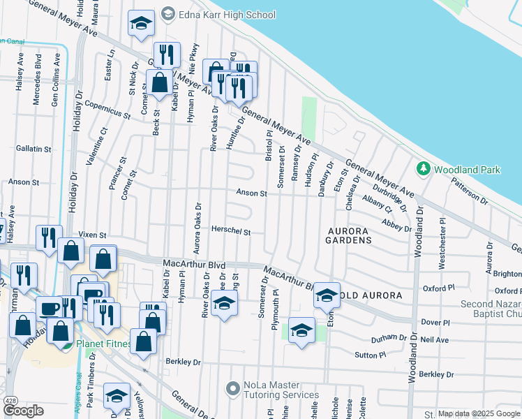 map of restaurants, bars, coffee shops, grocery stores, and more near 2636 Bristol Place in New Orleans