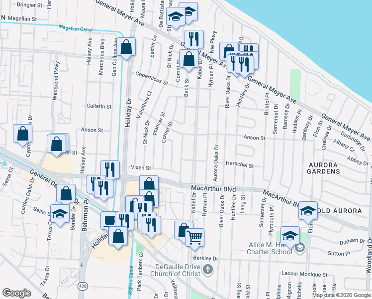 map of restaurants, bars, coffee shops, grocery stores, and more near 2653 Cupid Street in New Orleans