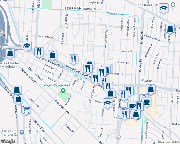 map of restaurants, bars, coffee shops, grocery stores, and more near 2305-2357 Cypress Acres Drive in New Orleans