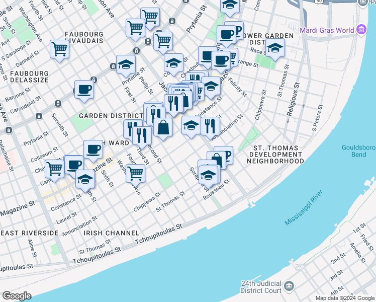 map of restaurants, bars, coffee shops, grocery stores, and more near 2329 Annunciation Street in New Orleans