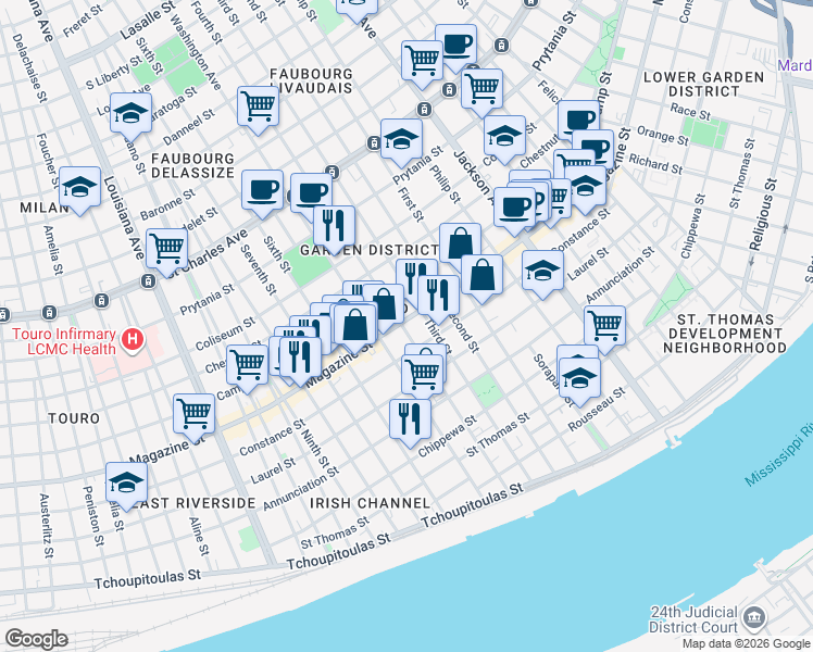 map of restaurants, bars, coffee shops, grocery stores, and more near 1021 Fourth Street in New Orleans