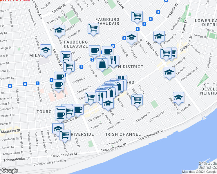 map of restaurants, bars, coffee shops, grocery stores, and more near 1227 Seventh Street in New Orleans