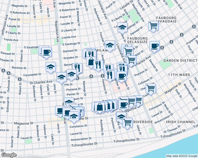 map of restaurants, bars, coffee shops, grocery stores, and more near 3820 Saint Charles Avenue in New Orleans