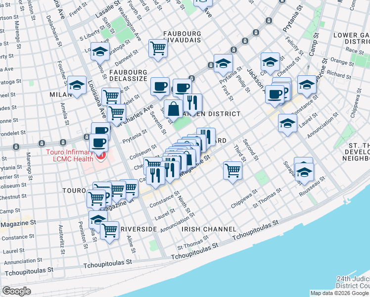map of restaurants, bars, coffee shops, grocery stores, and more near 1216 Sixth Street in New Orleans