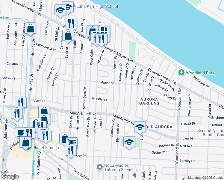 map of restaurants, bars, coffee shops, grocery stores, and more near 2636 Bristol Place in New Orleans