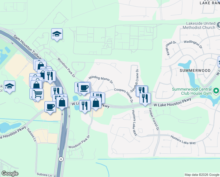 map of restaurants, bars, coffee shops, grocery stores, and more near 12842 Winding Manor Drive in Houston