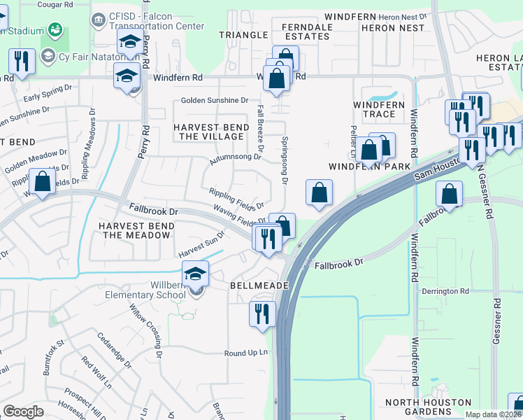 map of restaurants, bars, coffee shops, grocery stores, and more near 9023 Rippling Fields Drive in Houston