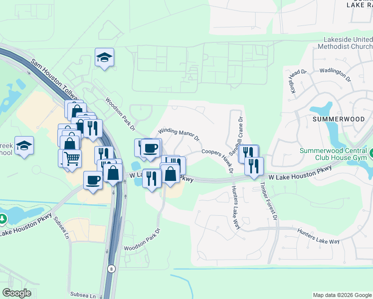 map of restaurants, bars, coffee shops, grocery stores, and more near 14111 Fall Chase Court in Houston