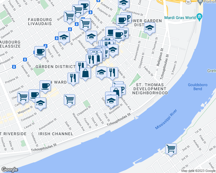 map of restaurants, bars, coffee shops, grocery stores, and more near 2224 Annunciation Street in New Orleans