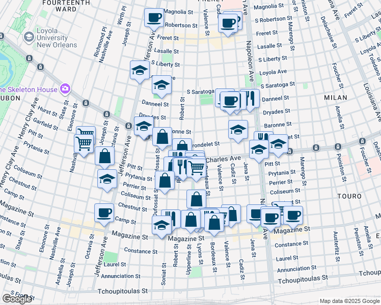 map of restaurants, bars, coffee shops, grocery stores, and more near 4905 Saint Charles Avenue in New Orleans