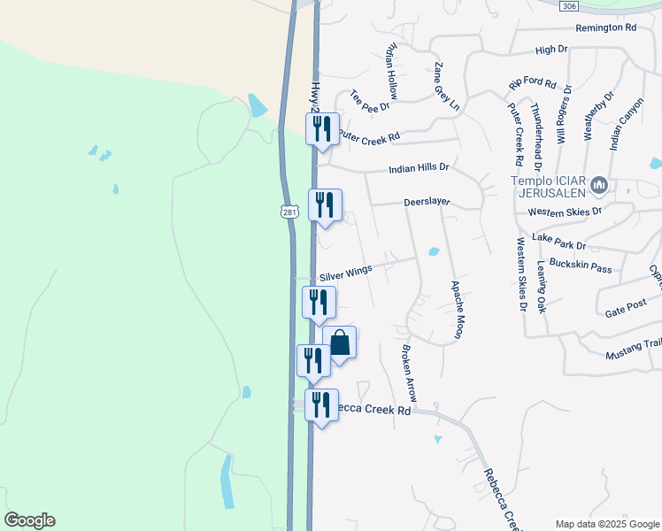 map of restaurants, bars, coffee shops, grocery stores, and more near 13320 U.S. 281 in Spring Branch