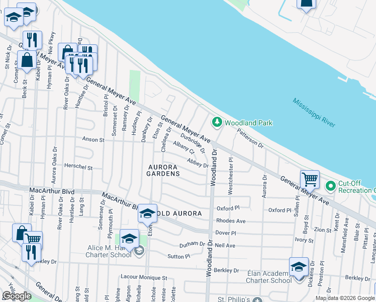 map of restaurants, bars, coffee shops, grocery stores, and more near 5830 Albany Court in New Orleans
