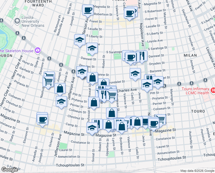 map of restaurants, bars, coffee shops, grocery stores, and more near 4905 Saint Charles Avenue in New Orleans