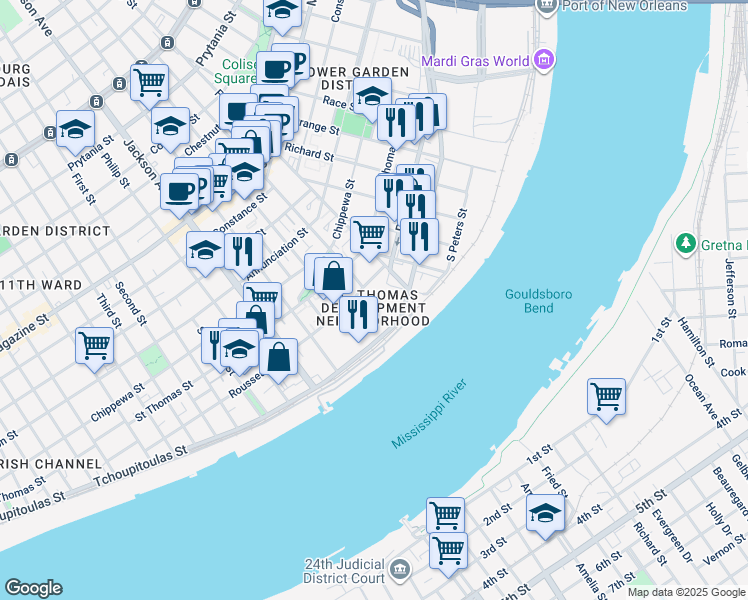 map of restaurants, bars, coffee shops, grocery stores, and more near 469 Saint Mary Street in New Orleans