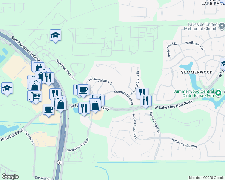 map of restaurants, bars, coffee shops, grocery stores, and more near 12842 Winding Manor Drive in Houston