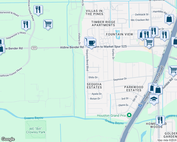 map of restaurants, bars, coffee shops, grocery stores, and more near 5003 Toho Drive in Houston