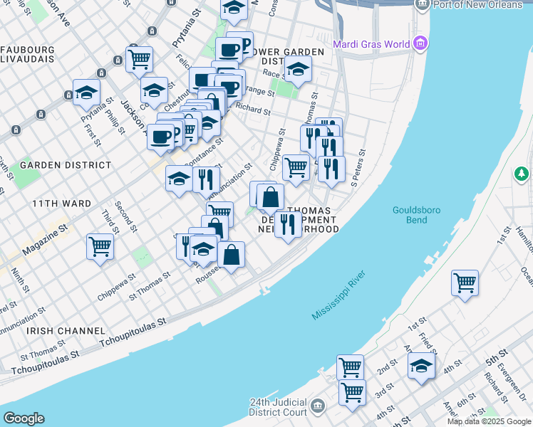 map of restaurants, bars, coffee shops, grocery stores, and more near 530 Saint Andrew Street in New Orleans