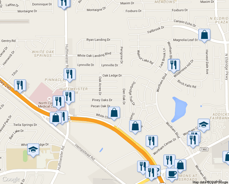map of restaurants, bars, coffee shops, grocery stores, and more near 13326 Tara Oak Drive in Houston