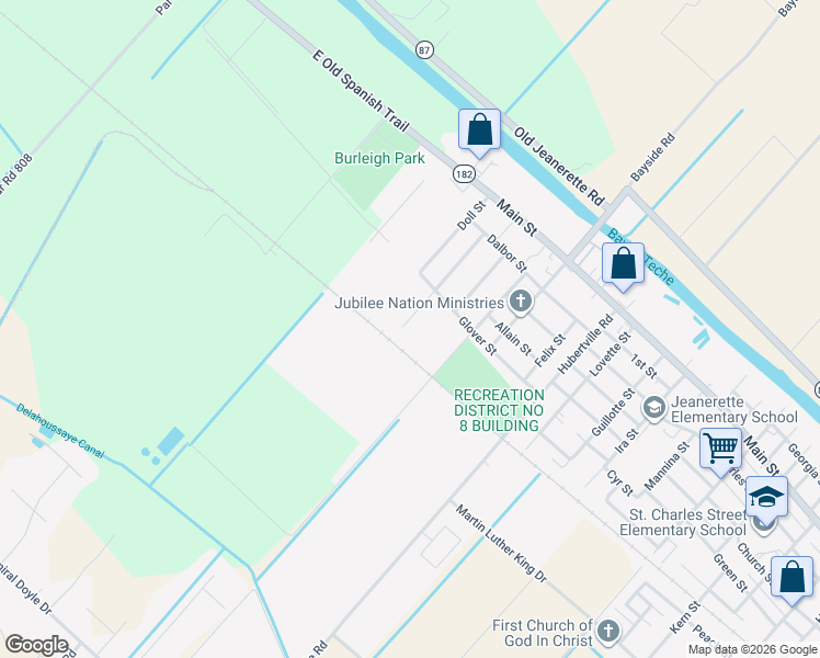 map of restaurants, bars, coffee shops, grocery stores, and more near 612 Katherine Street in Jeanerette