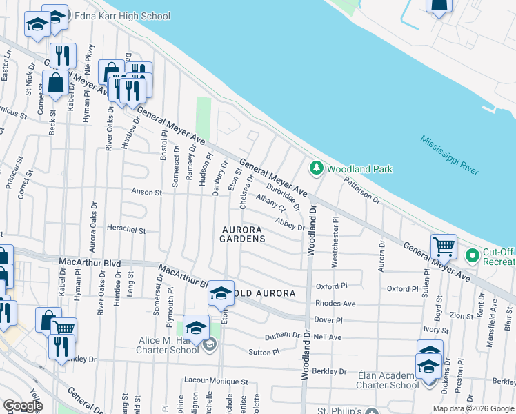 map of restaurants, bars, coffee shops, grocery stores, and more near 5654 Abbey Drive in New Orleans