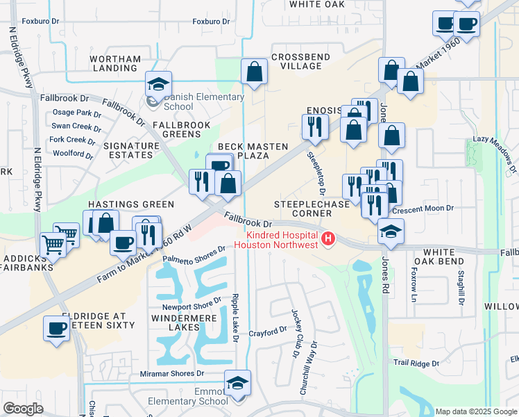 map of restaurants, bars, coffee shops, grocery stores, and more near 11500 Fallbrook Drive in Houston