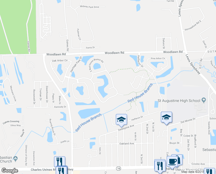 map of restaurants, bars, coffee shops, grocery stores, and more near 1208 Wild Palm Court in Saint Augustine