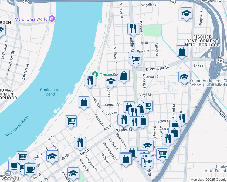 map of restaurants, bars, coffee shops, grocery stores, and more near 1200 Jefferson Street in Gretna