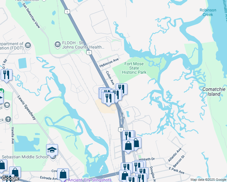 map of restaurants, bars, coffee shops, grocery stores, and more near 60 Colon Avenue in St. Augustine