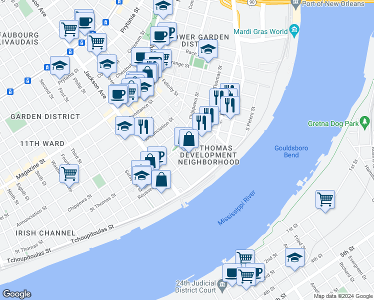 map of restaurants, bars, coffee shops, grocery stores, and more near 502 Saint Andrew Street in New Orleans
