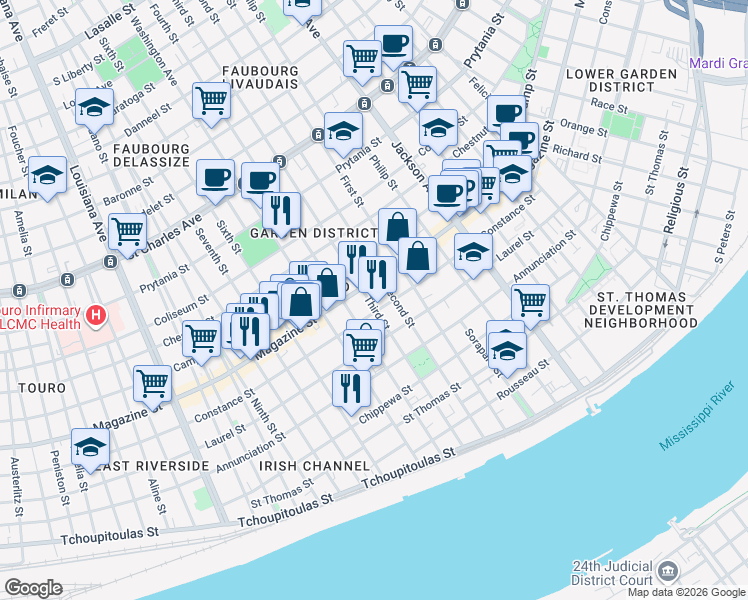 map of restaurants, bars, coffee shops, grocery stores, and more near 1021 Fourth Street in New Orleans