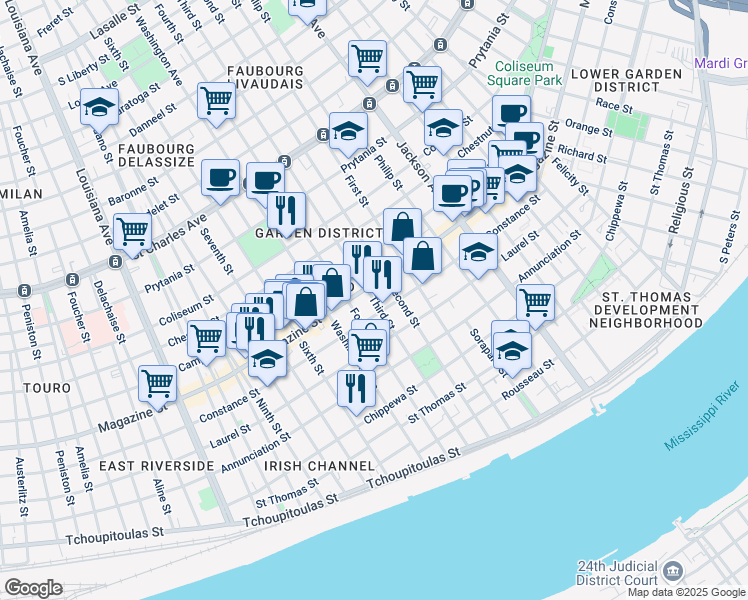 map of restaurants, bars, coffee shops, grocery stores, and more near 1021 Fourth Street in New Orleans