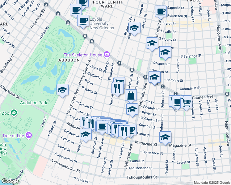 map of restaurants, bars, coffee shops, grocery stores, and more near 1324 Arabella Street in New Orleans
