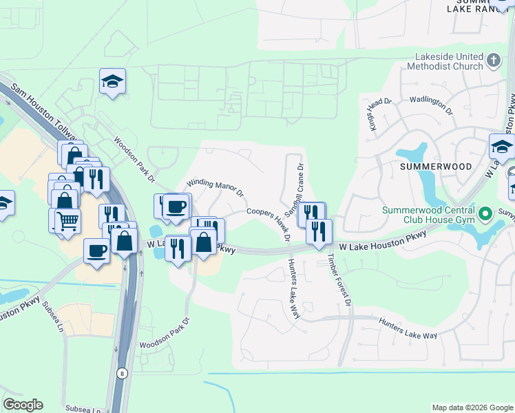 map of restaurants, bars, coffee shops, grocery stores, and more near 12923 Coopers Hawk Drive in Houston