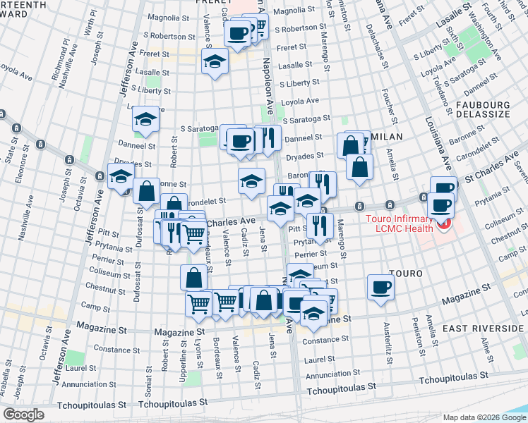 map of restaurants, bars, coffee shops, grocery stores, and more near 4437 Saint Charles Avenue in New Orleans