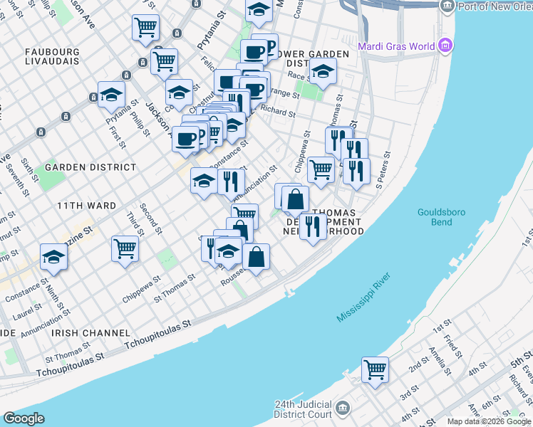 map of restaurants, bars, coffee shops, grocery stores, and more near 2060 Saint Thomas Street in New Orleans