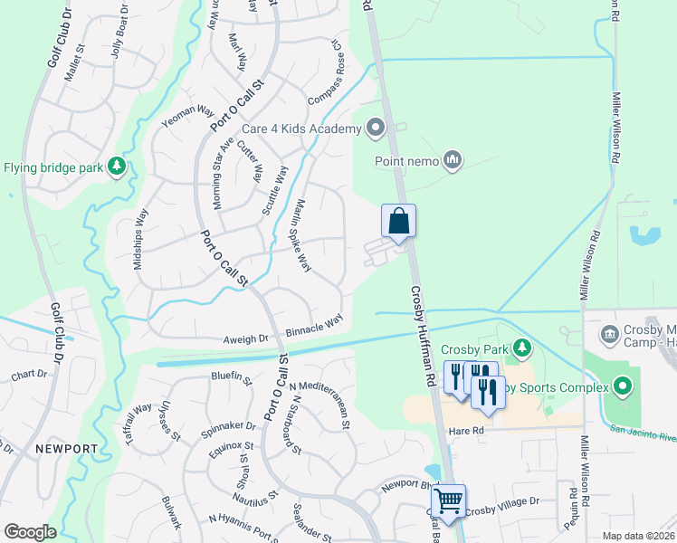 map of restaurants, bars, coffee shops, grocery stores, and more near 16818 Marlin Spike Way in Crosby