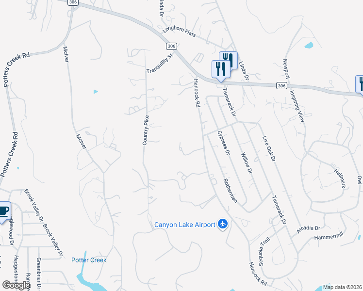 map of restaurants, bars, coffee shops, grocery stores, and more near 450 Hancock Road in Canyon Lake